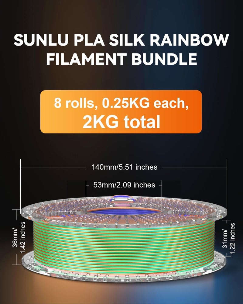Sunlu 3D Printer Filament Bundle, Individually Vacuum Packed, Quadruple Color Silk Filament*4, PLA Silk Filament*4, 250g Spool, 2kg Total - Image 2